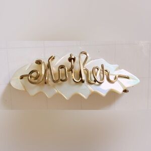 Vintage “Mother” Wirework Script Carved Mother Of Pearl Leaf Brooch Pin MOP